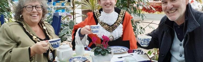 Southampton’s Mayor serves first tea with CEO Kevin Gardner and Sherrif Jacqui Rayment as Mayfield Nurseries opens its new Community Café
